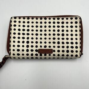 Fossil Caroline RFID Zip-Around Wallet Black Polka Dot Brown Leather Trim